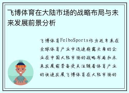 飞博体育在大陆市场的战略布局与未来发展前景分析
